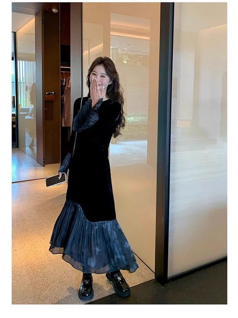 Golden Velvet Dress Women Autumn New Style Round Neck Fitted Waist Slimming Patchwork Mesh Long Sleeve Fishtail Dress