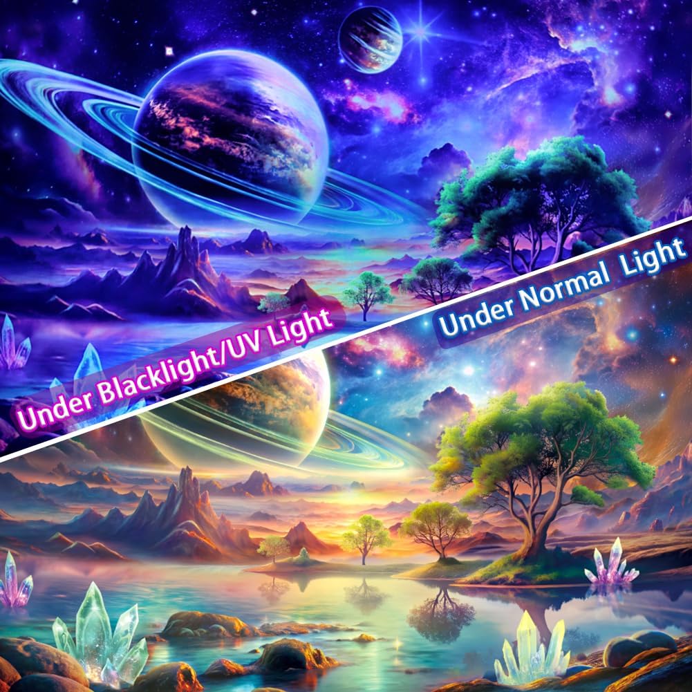 Blacklight Galaxy Space Tapestry UV Reactive Planet Wall Hanging Magical Trees Tapestries Cosmic Mountain Landscape Wall Decor Aesthetic Starry Night