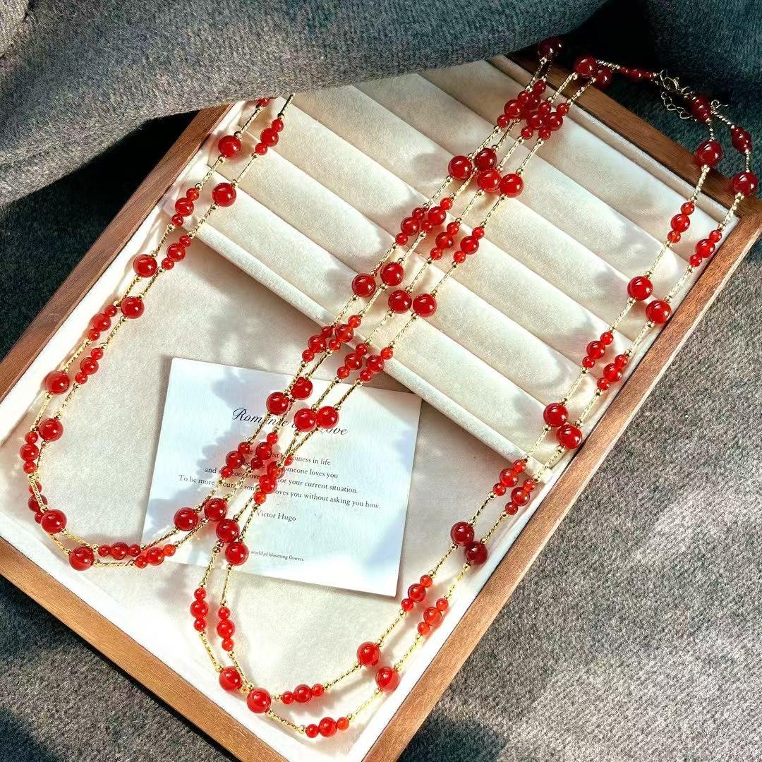 Vintage Pigeon Blood Red Vitreous Natural Chalcedony Agate Sweater Chain Necklace Collarbone Chain