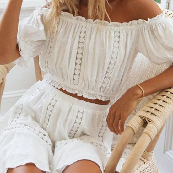 Summer 2 Piece Boho Skirt Set for Women Short Sleeve Off Shoulder Crop Top And Ruffle Mini Skirt Set Casual Beach Going Out Outfit