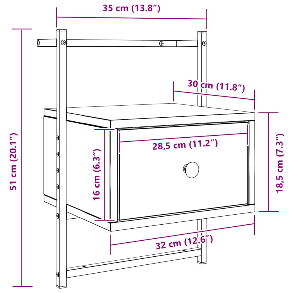Wall Mounted Nightstand Grey Sonoma 35 x 30 x 51 cm Particleboard