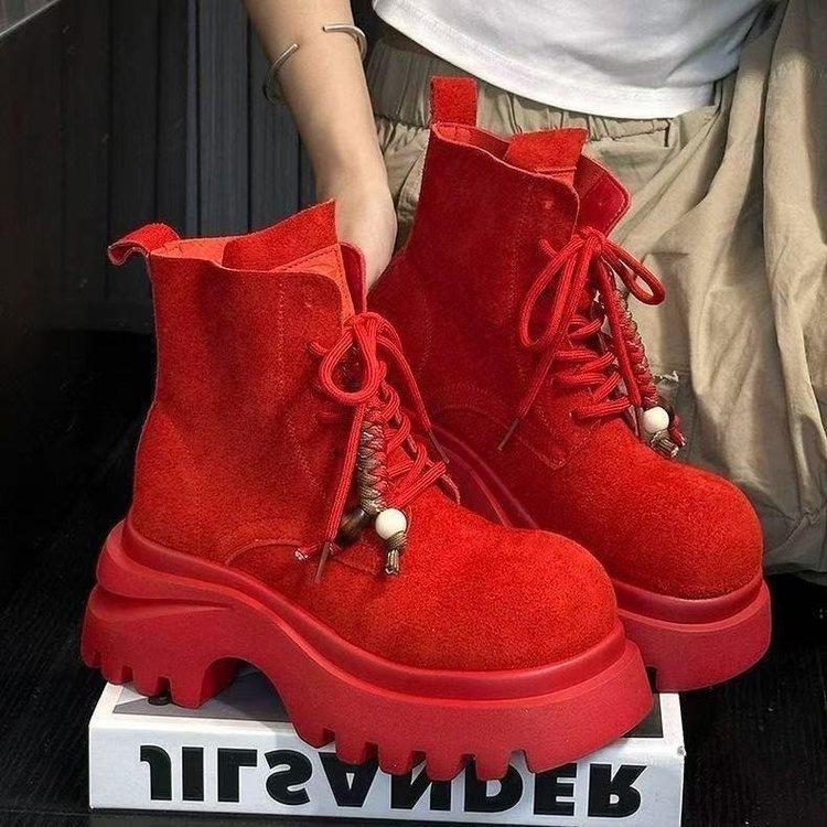 Frosted soft leather big-headed muffin thick-soled Martin boots for women's 2025 autumn new heightening locomotive versatile casual trendy boots