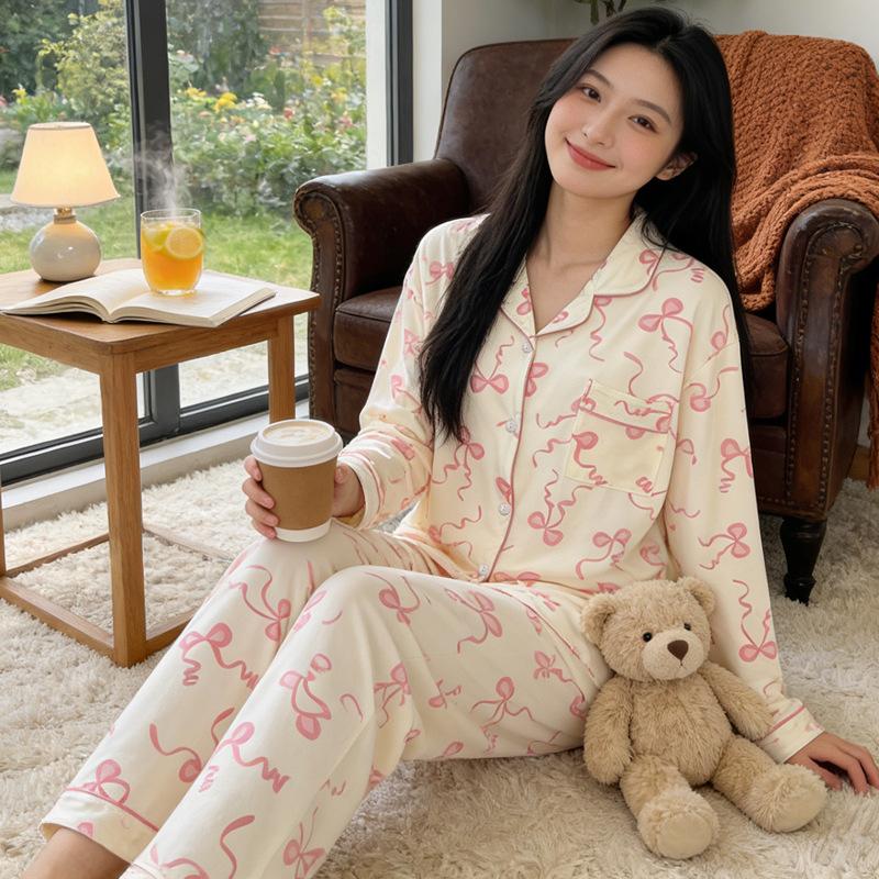 Imiteret bomuld ins japansk sløjfe pyjamas dame forår ny sød pige langærmet loungewear todelt sæt