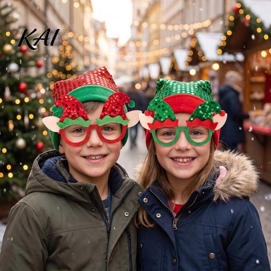 Decorative Elf Hat Eyewear Christmas Glasses with Sequin & Ears, Funny Party Reusable Photo Booth Prop for Kids Adults, Festive Holiday Costume