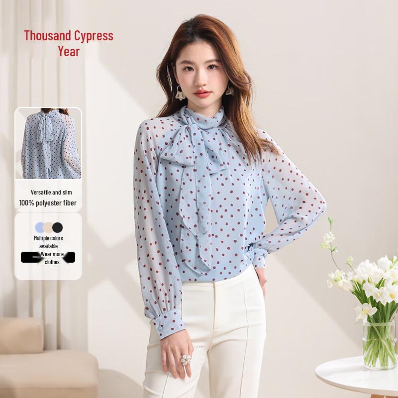Women s Vintage Polka Dot Chiffon Blouse with Tie-Neck XL