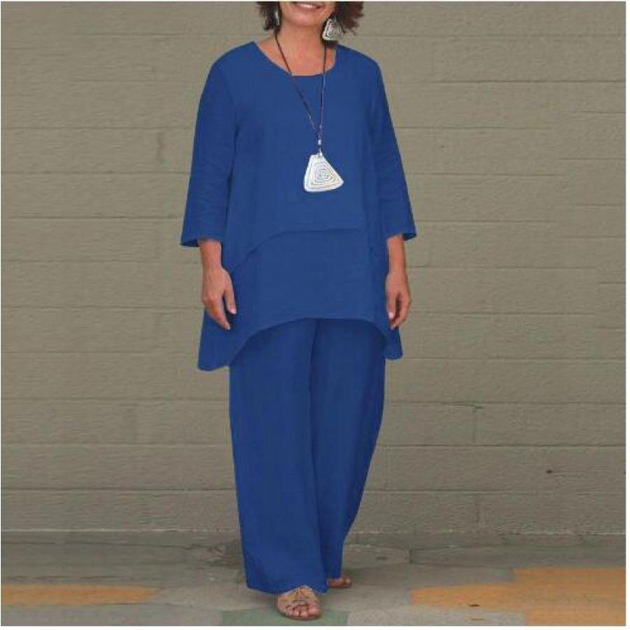 New Women's Linen-Blend Casual Loose Long Sleeve Set Wide Leg Pants Two Piece Outfit