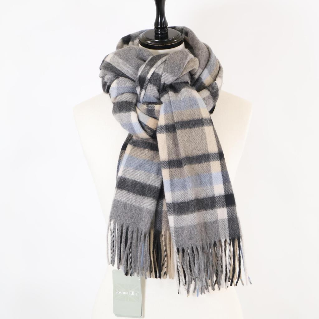 Joshua Ellis [Brand New] CPG51174 NEW CHECKS2/2TWILL Check Cashmere Fringe Scarf Light gray, black, aqua blue, beigeUsed