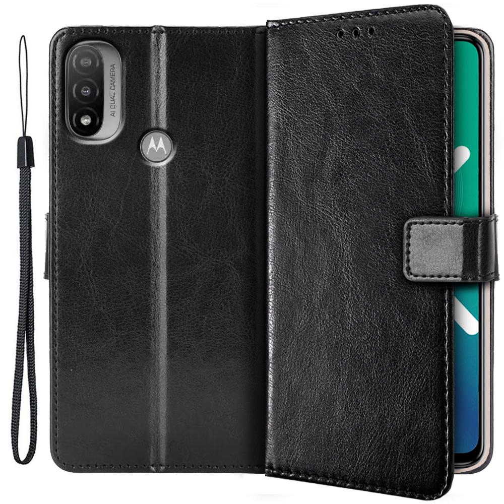 Crazy Horse Wallet Flip Case for Motorola Moto E20/E30/E40, Black