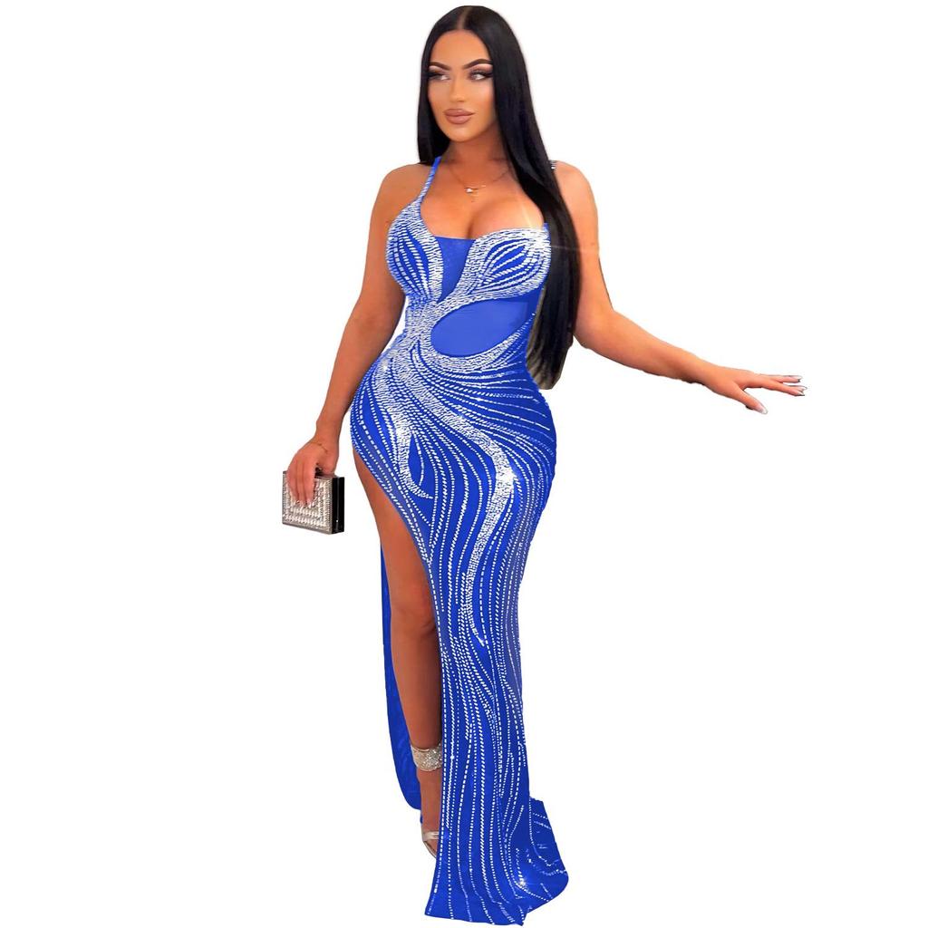European & American Rhinestone Bodycon Spaghetti Strap Slit Dress for Nightclubs