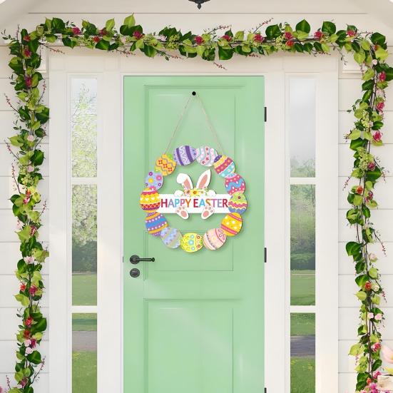 Wooden Easter Door Wreath for Bunny Eggs Porch Front Door Happy Easter Sign for Spring Window
