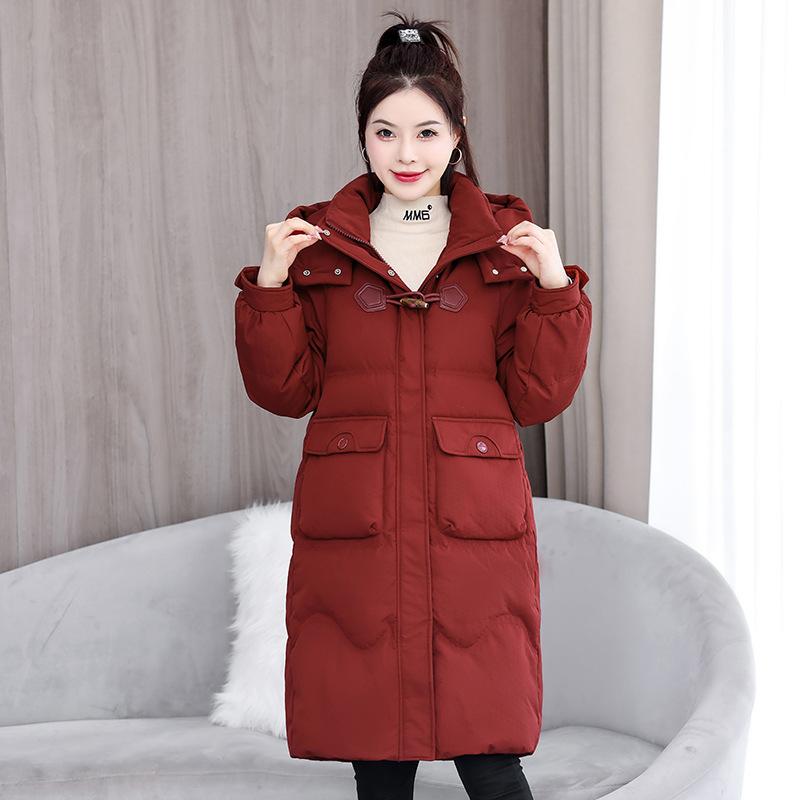 

Хлопковая куртка на пуговицах из рога, женская зимняя 2025, новая, средней длины, утолщенная, на подкладке, свободная хлопковая куртка XXXL бордовый