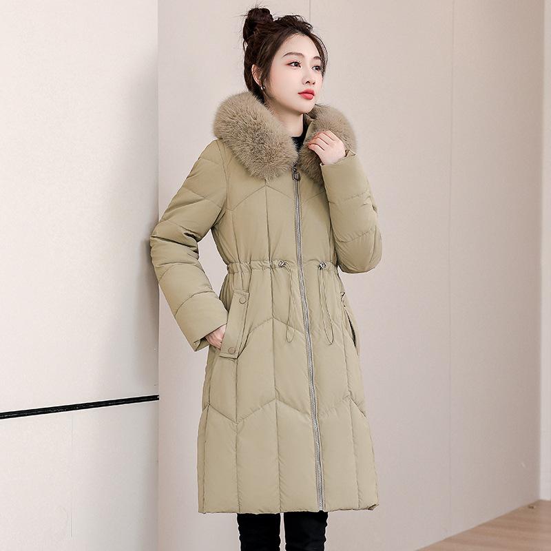 New Cotton-padded Jacket Women's Long Slim Autumn and Winter Fur Collar Hooded Cotton-padded Jacket