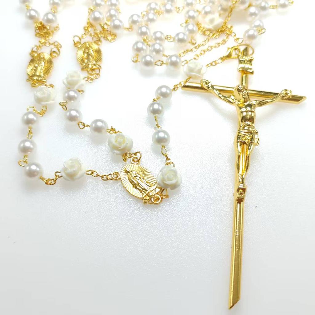 8mm Beige Color Glass Imitation Pearl Bead Wedding Rosary Guadalupe Center Big Gold Cross