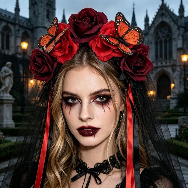 Handmade Floral Headband With Rose Blooms Black Veil Wings Ribbon Halloween Party Festival Costume Accessory Women
