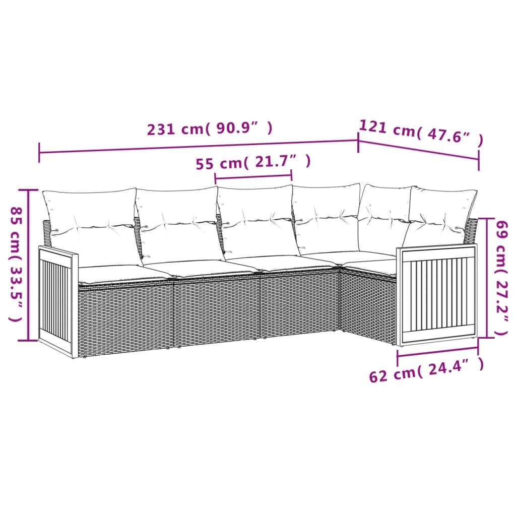 Vidaxl 5-Cz. Garden Lounge Set, Cushions, Grey PE Rattan