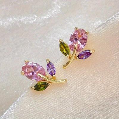 Dolci Versatili Orecchini a Bottone a Forma di Tulipano Colorati con Zirconi per Donna Semplici Personalizzati Gioielli da Festa Usura Quotidiana Regali di Nicchia