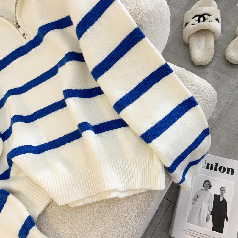 Vysoce kvalitní trendy pletený svetr na zip v korejském stylu pro ženy – Modrý pruhovaný, Jedna velikost