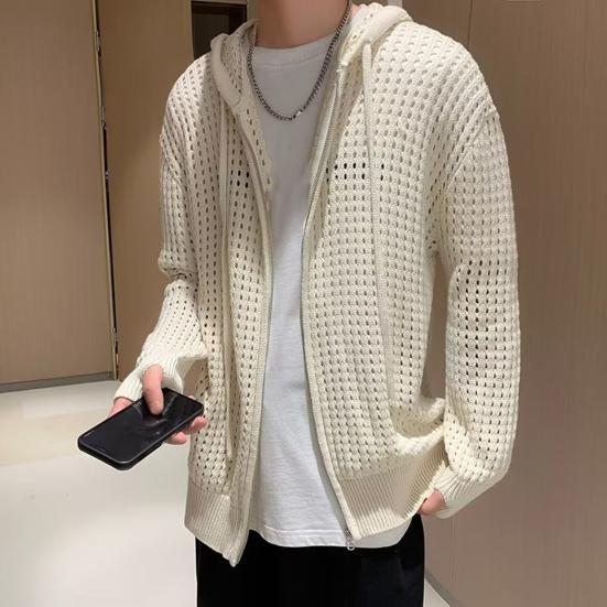 Men Sweater Long Sleeve Zipper Closure Solid Color Hollow-out Design Super Soft Decorative Polyester Men Hooded Sweater Coat Autumn