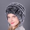 Fashion Women Fur Hat For Winter Russian Female Faux Fur Beanies Caps Flowers Striped Warm Knit Hat Outdoor Ear Warm Cap