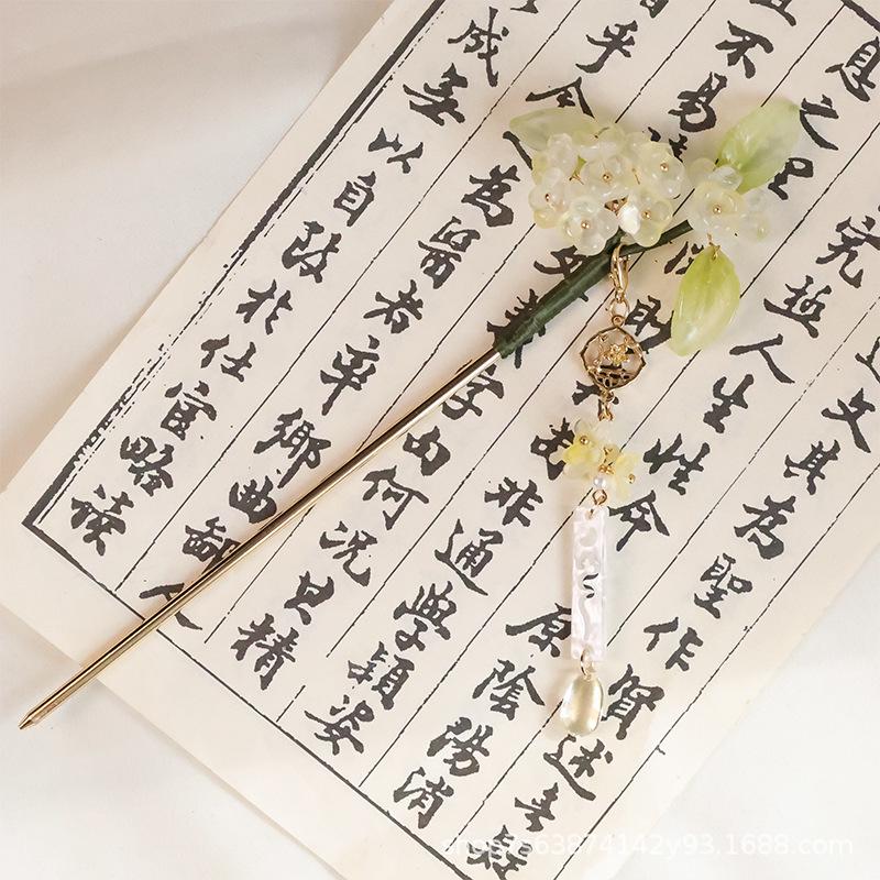 Ancient Osmanthus Glass Flower Tassel Hairpin: Ming Style Hanfu Qipao Updo Accessory