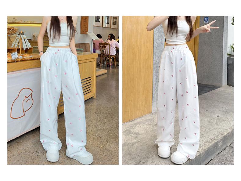 White Floral Yamamoto Women's Slim Straight Wide-Leg Bow Pants - 2025 Summer Collection.