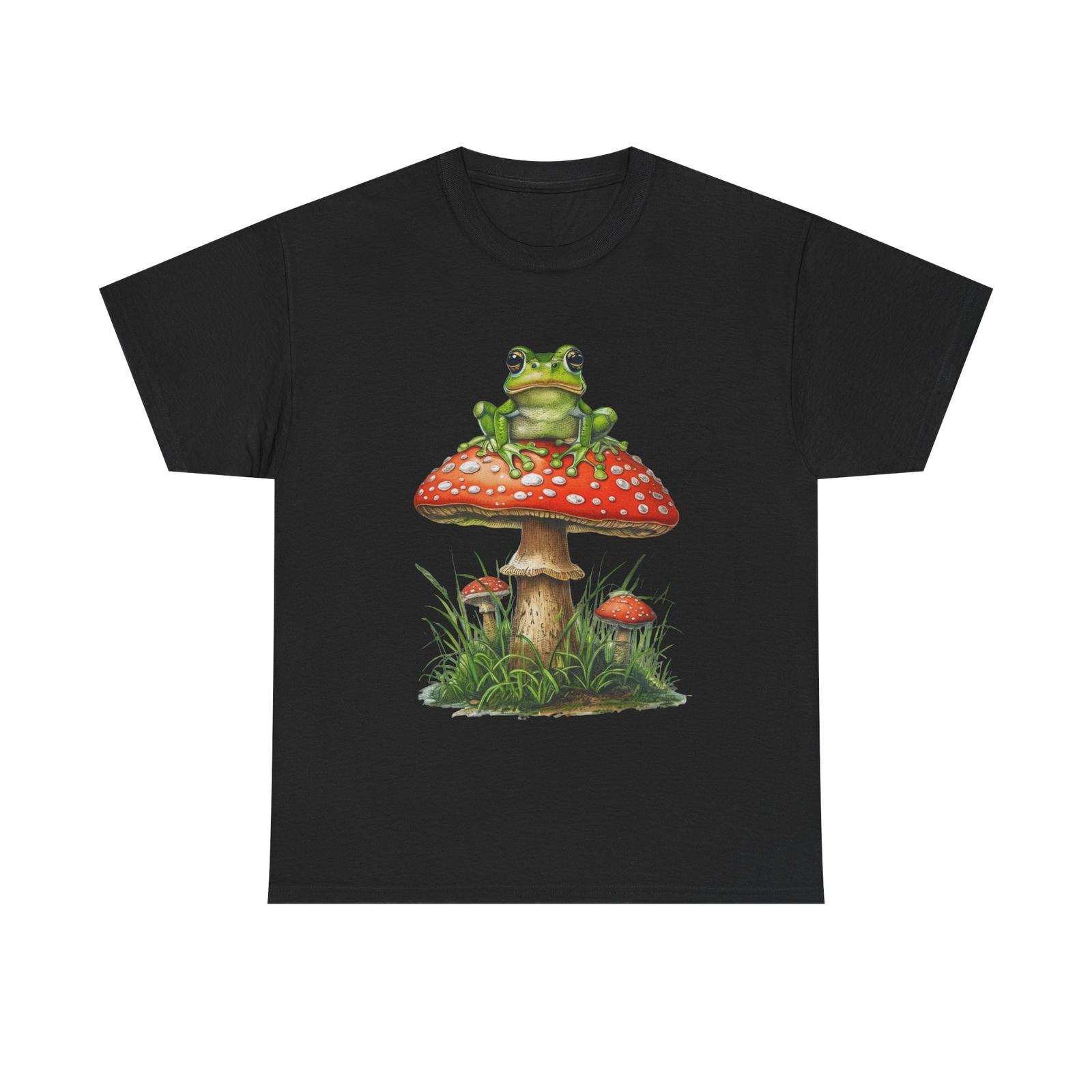 Frog and Mushroom Graphic Tee Unisex Heavy Cotton Tee, Nature Lover Retro 1970s S