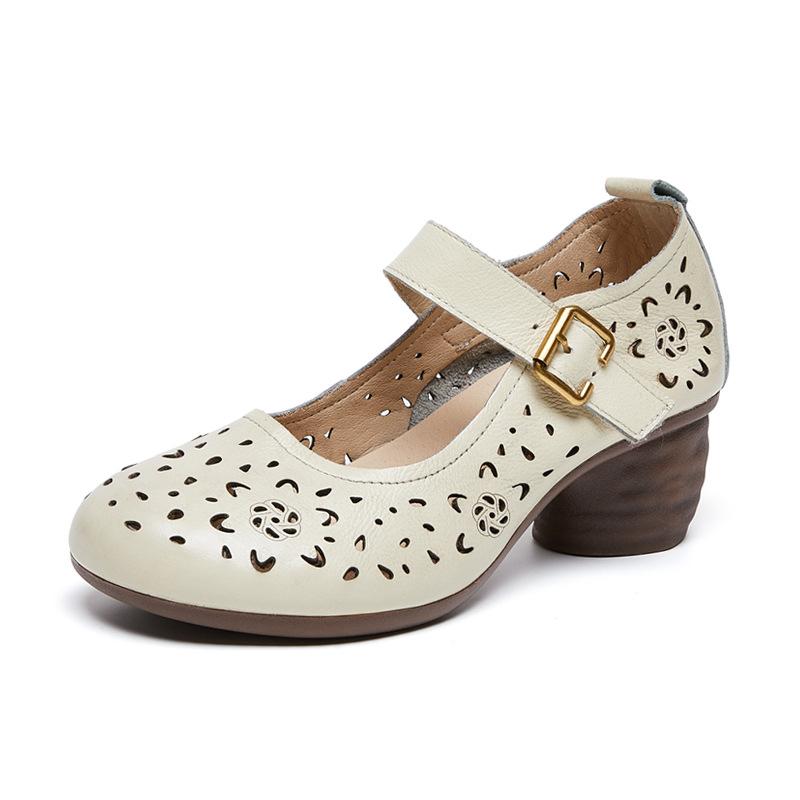 

Летняя мода 2025 года Ажурные женские туфли-лодочки из натуральной кожи Этнический стиль Мелкие женские туфли Средний каблук Толстый каблук Женская обувь 35