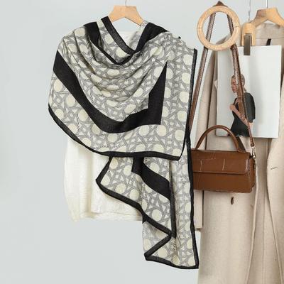 Women's Simple Rattan Grid Printing Silk Scarf, Simple and Versatile Photo Scarf, Autumn and Winter Cold-proof and Warm Scarf