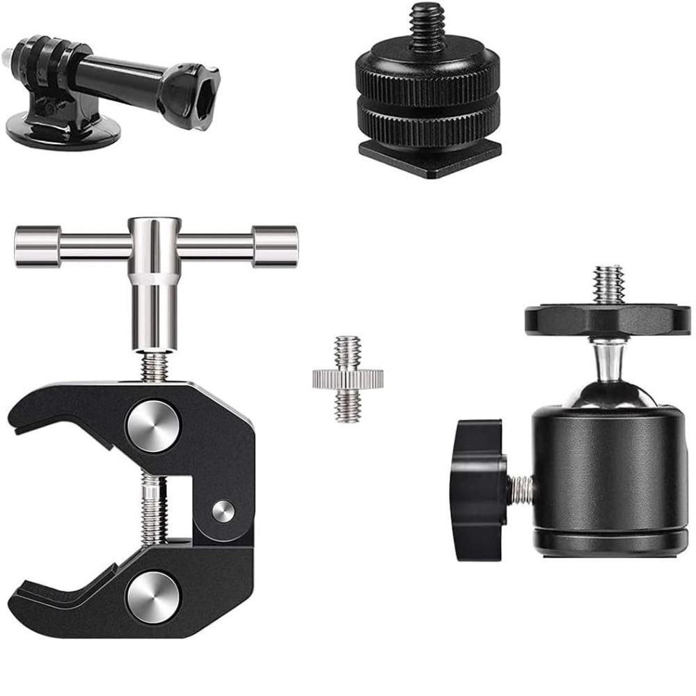Magic Arm Clip Ballhead Clamp Double Ball Adapter Shoe Mount Adapter Tripod Monopod Clip for Monitor Led Light 1/4" Camera