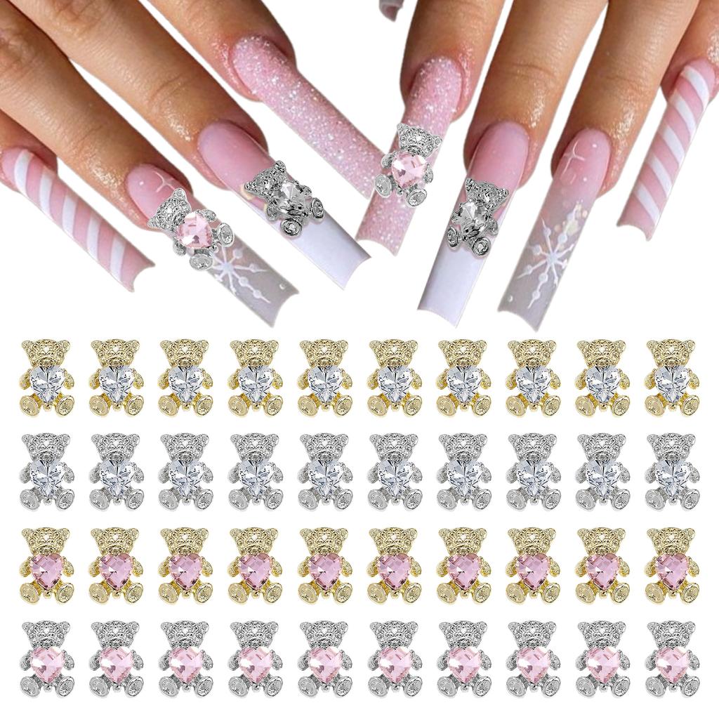 10pcs Bear Shaped Alloy Nail Jewelry Golden Sliver Bears With Pink Gold White Rhinestones Art Decorations Manicure DIY Accessori