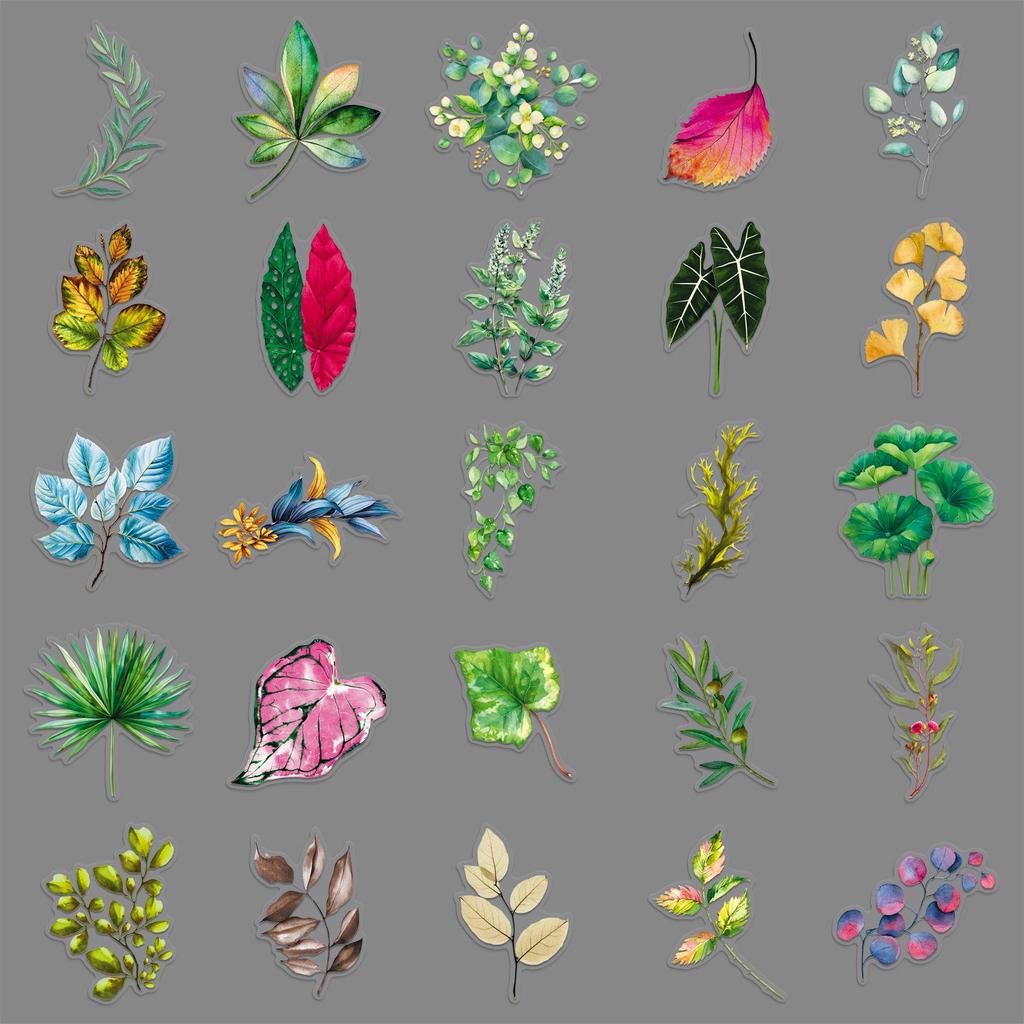 50 Transparent PET Leaf Stickers: Cartoon Plants & Green Leaves for DIY Decoration