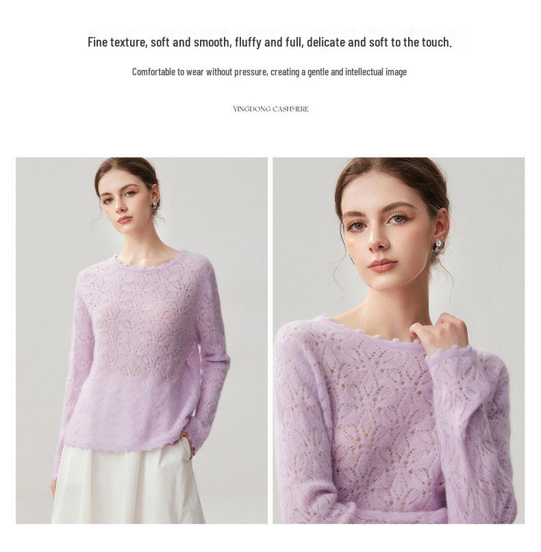 2026 Spring/Autumn Sequin Cashmere Round Neck Knitwear: Women's Long Sleeve Crochet Loose Top