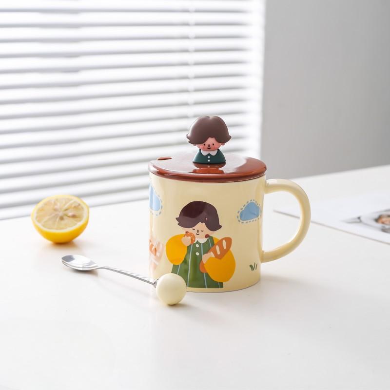 Milk Fufu Cartoon Cute Cup Girls Ceramic Mug Couple Water Cup Home Office Breakfast Cup with Lid Spoon