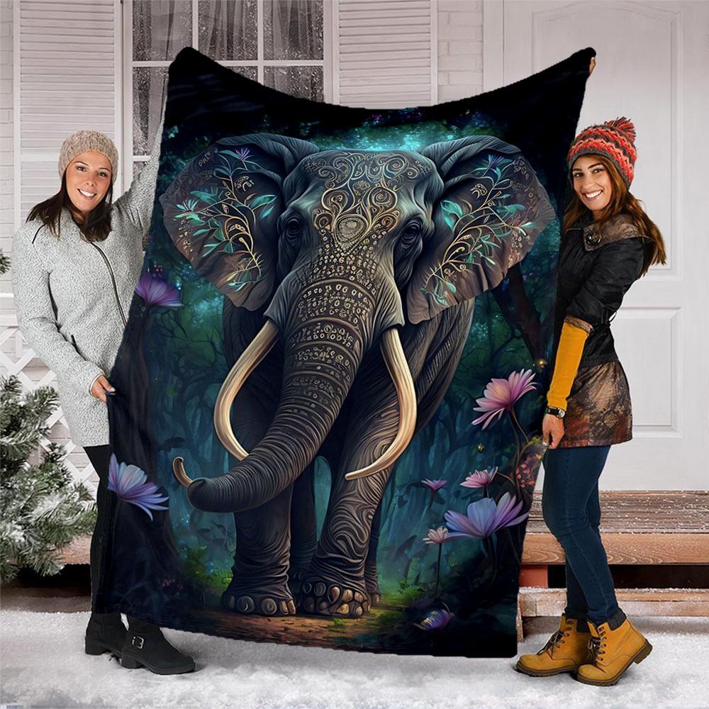 1pc Ornate Elephant Design Throw Blanket Polyester Fiber, Lightweight Flannel, Soft & Warm, All Season Use for Outdoor, Camping Digital Print