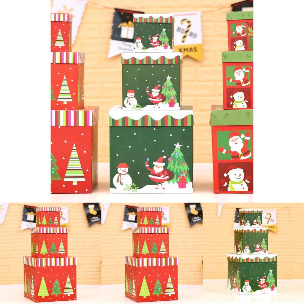 Large Premium 3pcs Christmas Gift Box With Lid  Ribbon Xmas Present Box Square