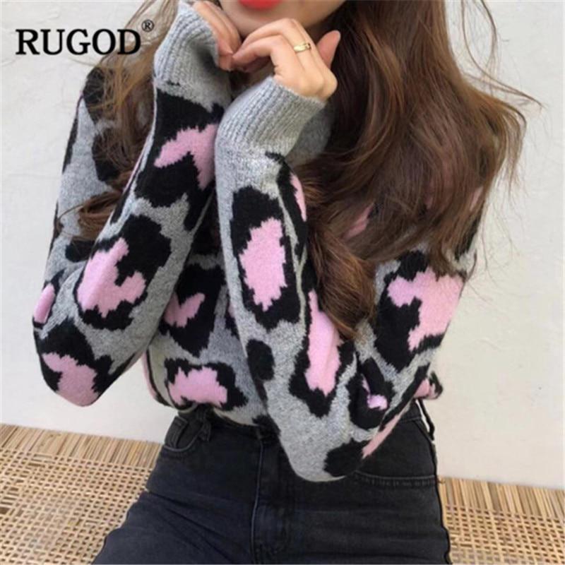 RUGOD Vintage Fashion Leopard Women Sweaters Knitted Warm Winter Clothes Casual O-Neck Pullover Pull