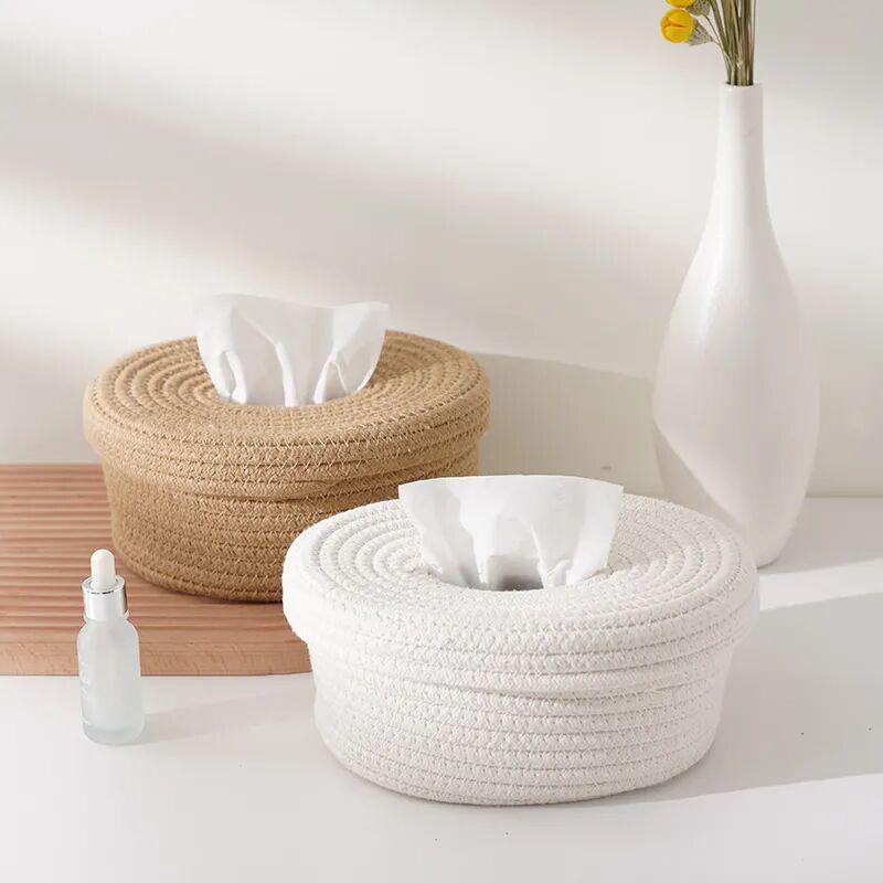 Nordic Style Cotton Rope Tissue Box with Lid - Living Room & Dining Table Storage Basket