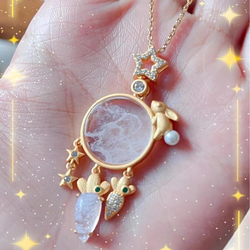 Jade Rabbit and Radish Planet Pendant Necklace - Charming Fairy Tale Design, Handmade and Unique Gift