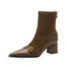 Retro Brown Ankle Boots Women Pointed  High Thick Heels,  Autumn Winter New Collection, Patchwork Elastic Slim Boots