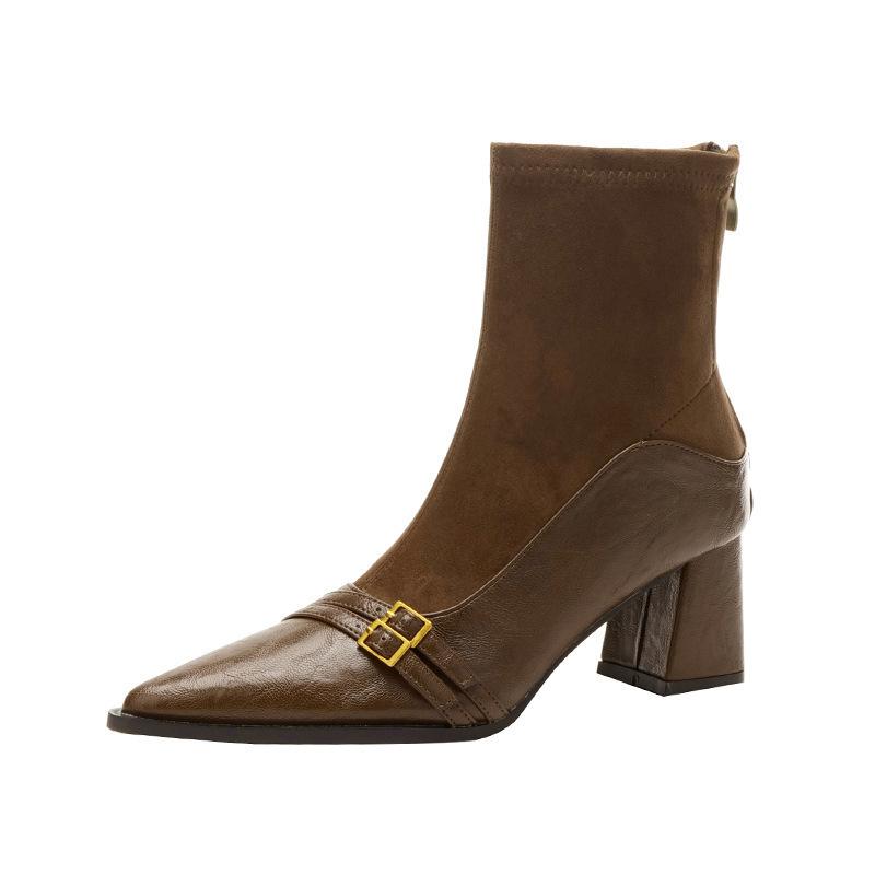 Retro Brown Ankle Boots Women Pointed  High Thick Heels,  Autumn Winter New Collection, Patchwork Elastic Slim Boots