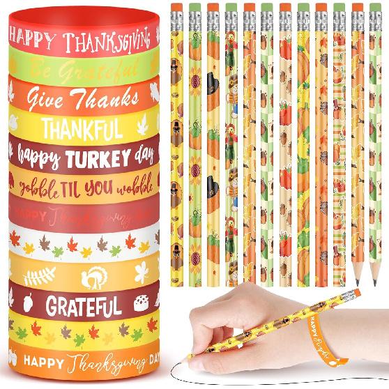 Sabary 48 Pcs Fall Pencils Thanksgiving Silicone Bracelets Set Thanksgiving Party Favors Maple Leaf Pencils Bulk Turkey Wristbands Pumpkin Bracelet тыква