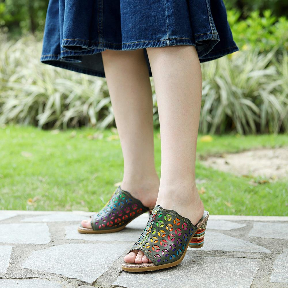 Papuci pictați manual, stil etnic, din piele naturală, din dantela, sandale pentru femei cu toc rotund