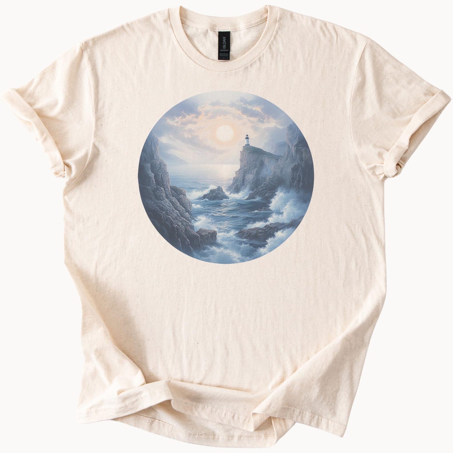 Lighthouse Ocean Cliff Graphic T Shirt Coastal Sunrise Seascape Art Tee Nautical Nature Scene Beach Waves Shirt Gift for Ocean Lovers 100
