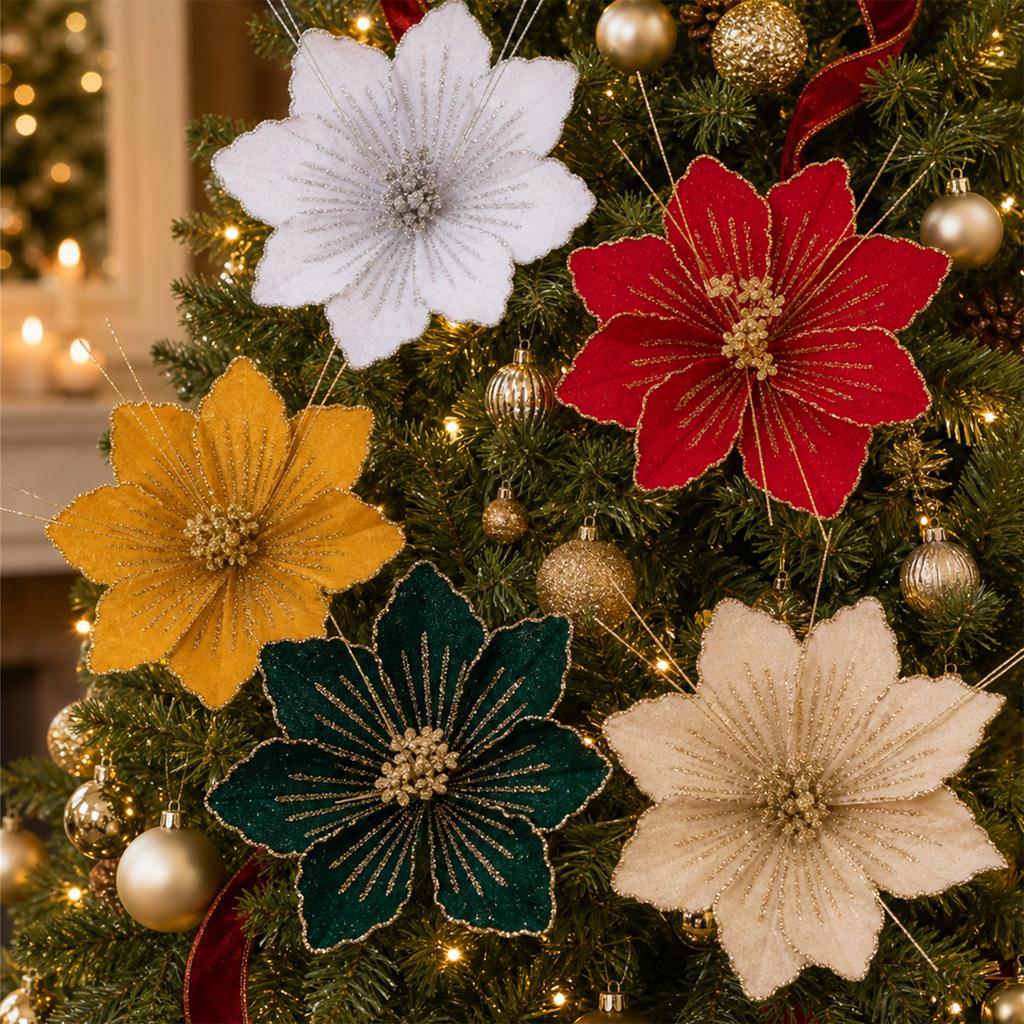 Christmas Glitter Artificial Flower Picks, Fabric Floral Branches for Xmas Tree Decor