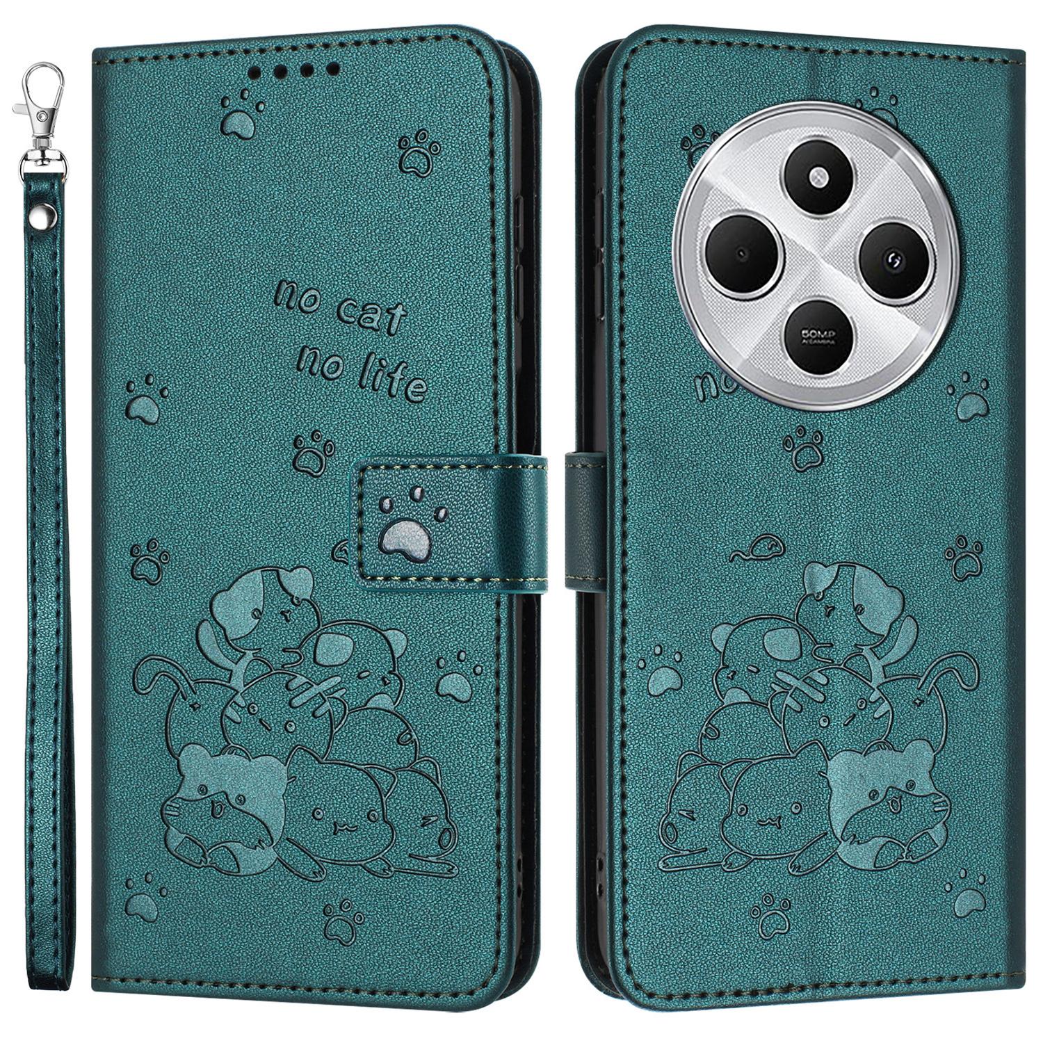 

For Xiaomi Poco C75 4G/Redmi 14R 5G/14C 4G Case with Strap Cats Imprint Leather Wallet Phone Cover Blackish Green