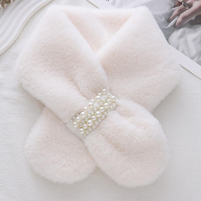 Winter Pearl Thick Warm Korean Girl's Scarf: Imitation Rex Rabbit Fur with Cross Design