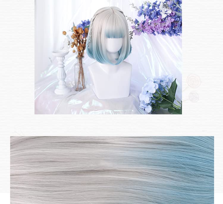 Harajuku and GAL Style Bob Lolita Wig One Gray and Blue Perfect for Mori and Yumekawaii Includes Hair Natural and Lightweight for a Slimmer Set, Curl,