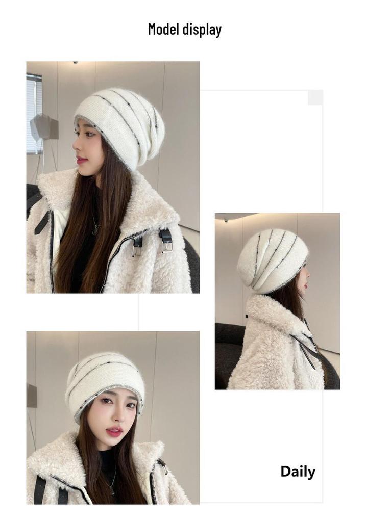 Women's Rabbit Fur Slouchy Hat with Ear Protection - Knitted Jumper Yarn, Plus Velvet, Autumn/Winter Style for Outdoor Warmth
