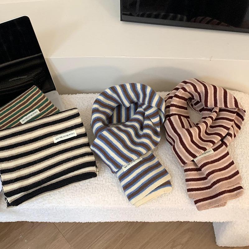 Scarf wool knitted autumn and winter new versatile thickened warm literary striped scarf shawl scarf