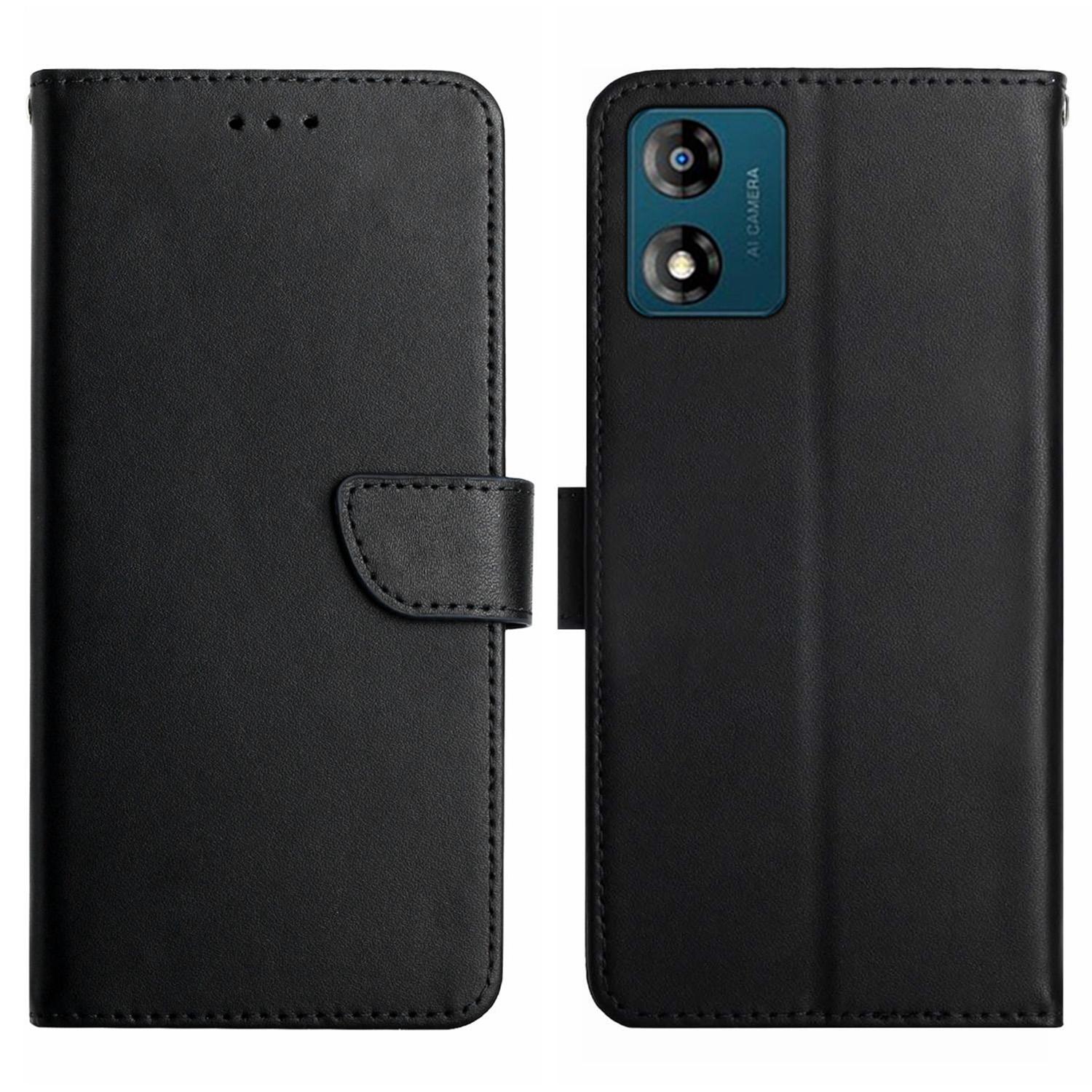 

HT02 For Motorola Moto E13 4G Anti-Fingerprint Phone Shell Genuine Leather Nappa Texture Wallet Stand Phone Case Cover Black